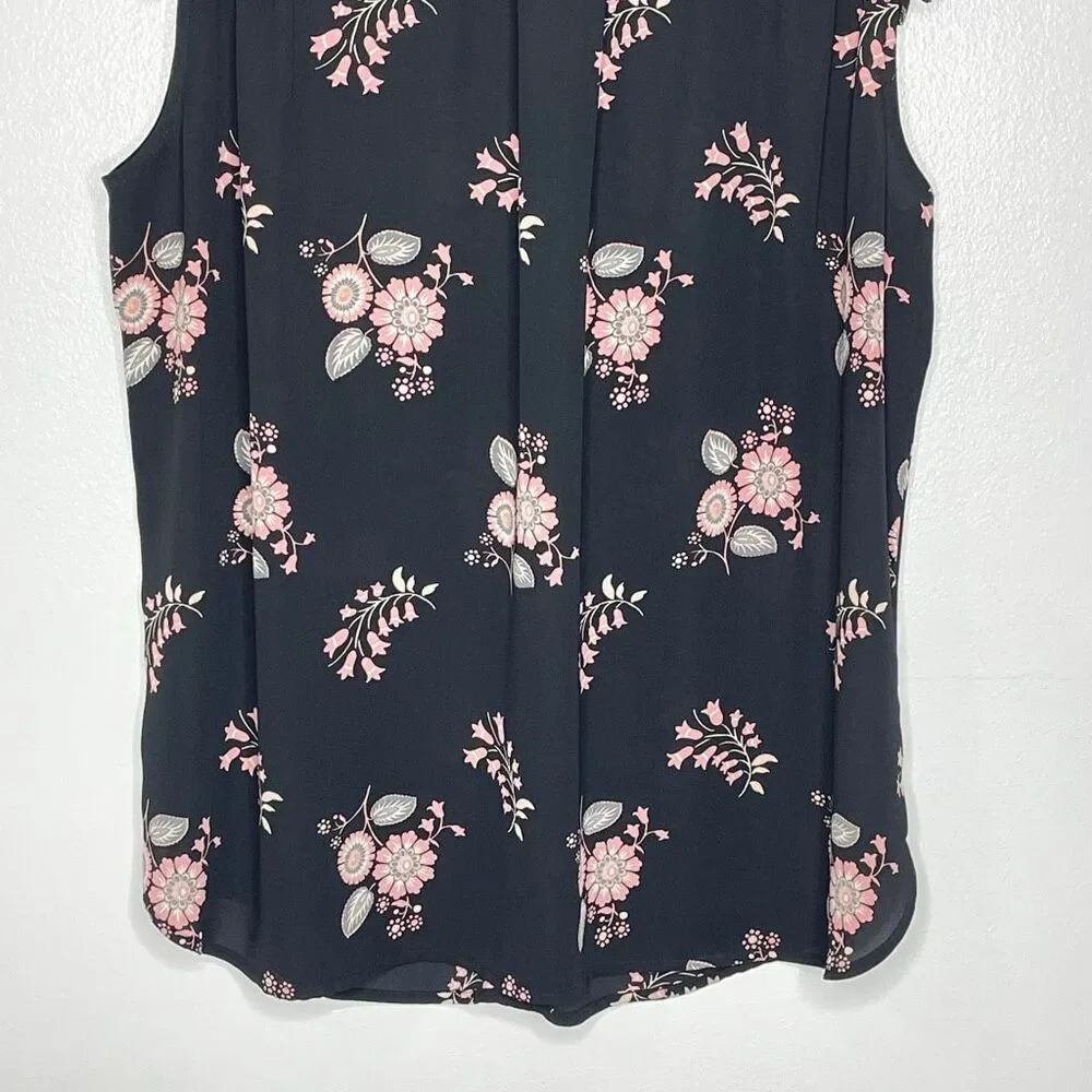Loft LOFT Black Pink Floral Ruffle Edge Split Neck Sleeveless Blouse Women’s XL - Picture 6 of 9
